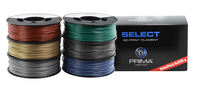 Primaselect PLA - 1,75 mm - 6 x 250 g - kovový balíček (červená, zelená, modrá, stříbro, zlato, šedá)